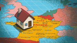 Tiny house figurine placed on a map highlighting France and nearby regions