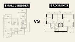 Floor plans comparing layouts of a small 3-bedroom and 5-room HDB flat side by side
