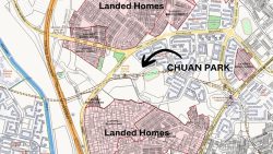 Map showing landed homes and Chuan Park location near Lorong Chuan in Serangoon area