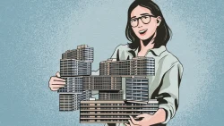 Illustration of a woman with glasses holding a complex stack of multi-storey apartment blocks against a blue background