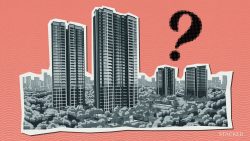 High-rise residential blocks with a large question mark on a pink background