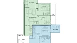 Floor plan showing two-bedroom unit with master bedroom, master bath, balcony, kitchen, living/dining, bedroom 2 and bath 2