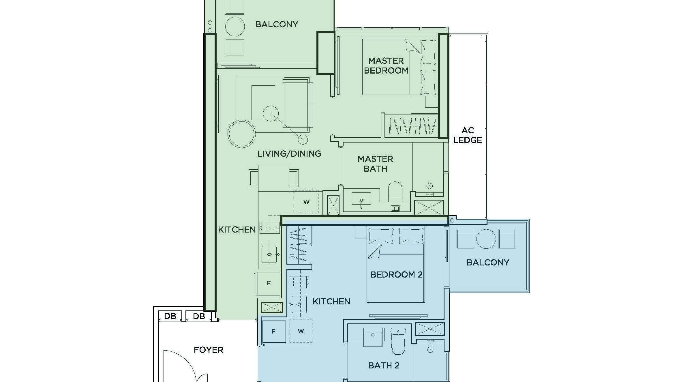 Floor plan showing two-bedroom unit with master bedroom, master bath, balcony, kitchen, living/dining, bedroom 2 and bath 2