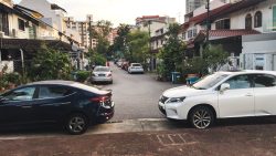 Street with two rows of landed terrace houses and cars parked along the road and driveways