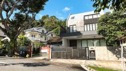 Two modern and traditional terrace houses with trees and a Singapore flag on the gate in front of the houses