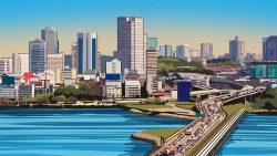 City skyline with tall buildings, waterfront, greenery, and a busy highway bridge over the water