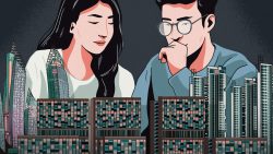 Illustration of a man and woman contemplating a cityscape of modern high-rise buildings and offices