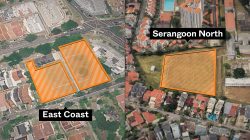 Aerial view of two empty land plots outlined in orange at East Coast and one at Serangoon North surrounded by housing blocks