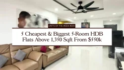 Living room with tan leather sofa, ceiling fan, white tiled floor and wall art in a HDB flat