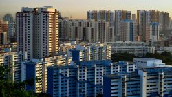 Cluster of public housing blocks with blue and white facades at sunset in an urban area
