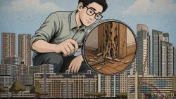 Illustration of a man using a magnifying glass to examine termites damaging a wooden structure among urban housing blocks