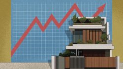 Modern house with gardens on the roof with a red upward trend line on a blue grid background