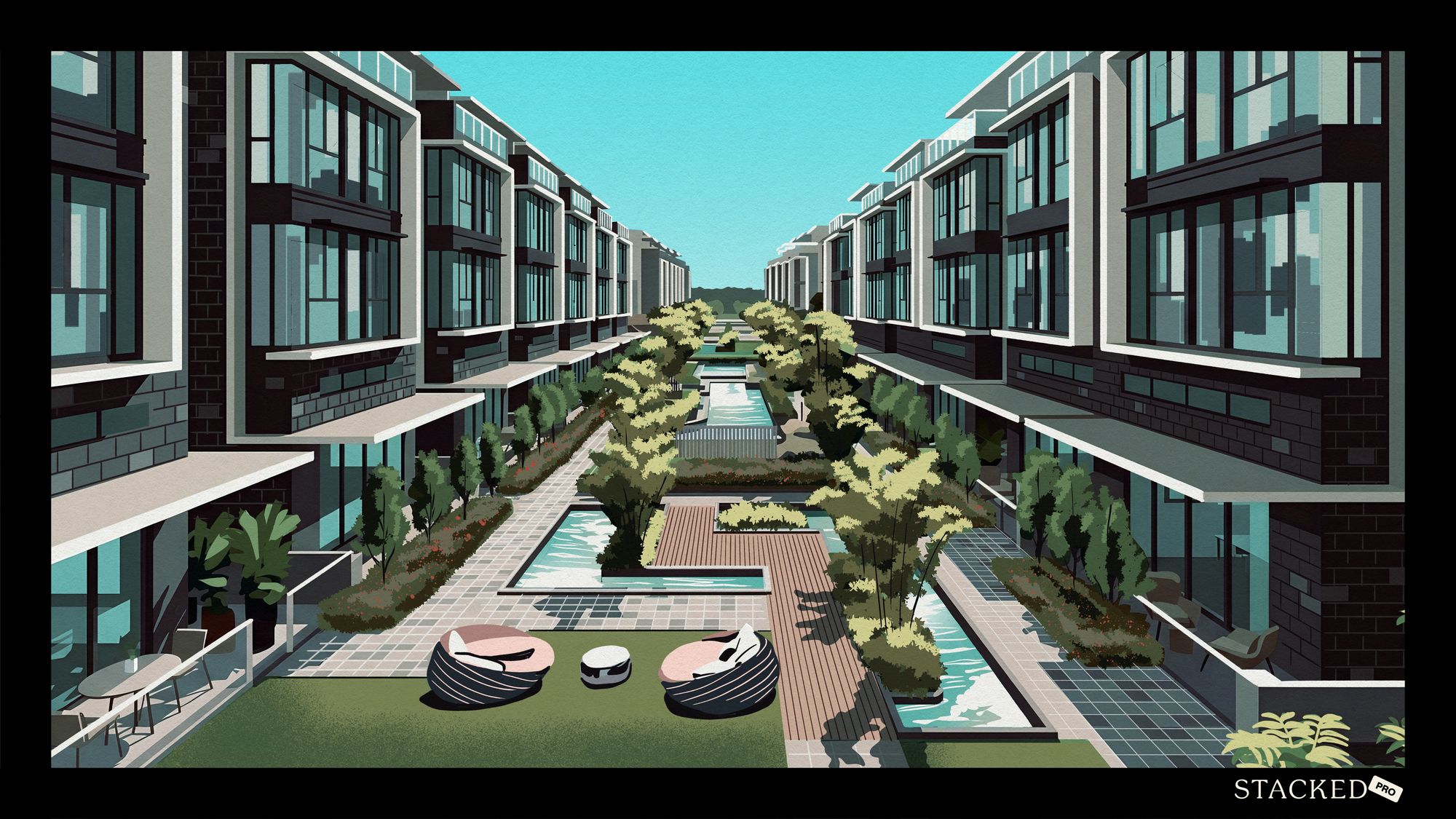 Row of modern three-storey terrace houses facing a landscaped central garden with pools and seating areas
