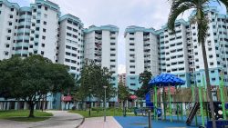 Blue and white residential blocks with playground and greenery in foreground under a cloudy sky