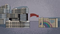 Illustration comparing older stacked housing blocks on the left with a colourful, linear apartment block on the right with a red arrow between them