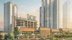 High-rise residential blocks with garden terraces above a commercial podium featuring curved wooden facades and a park in front