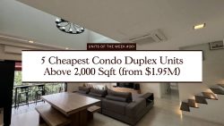 Duplex condo living room with double-height ceiling, dining table, sofa, TV, stairs, and balcony seating area visible