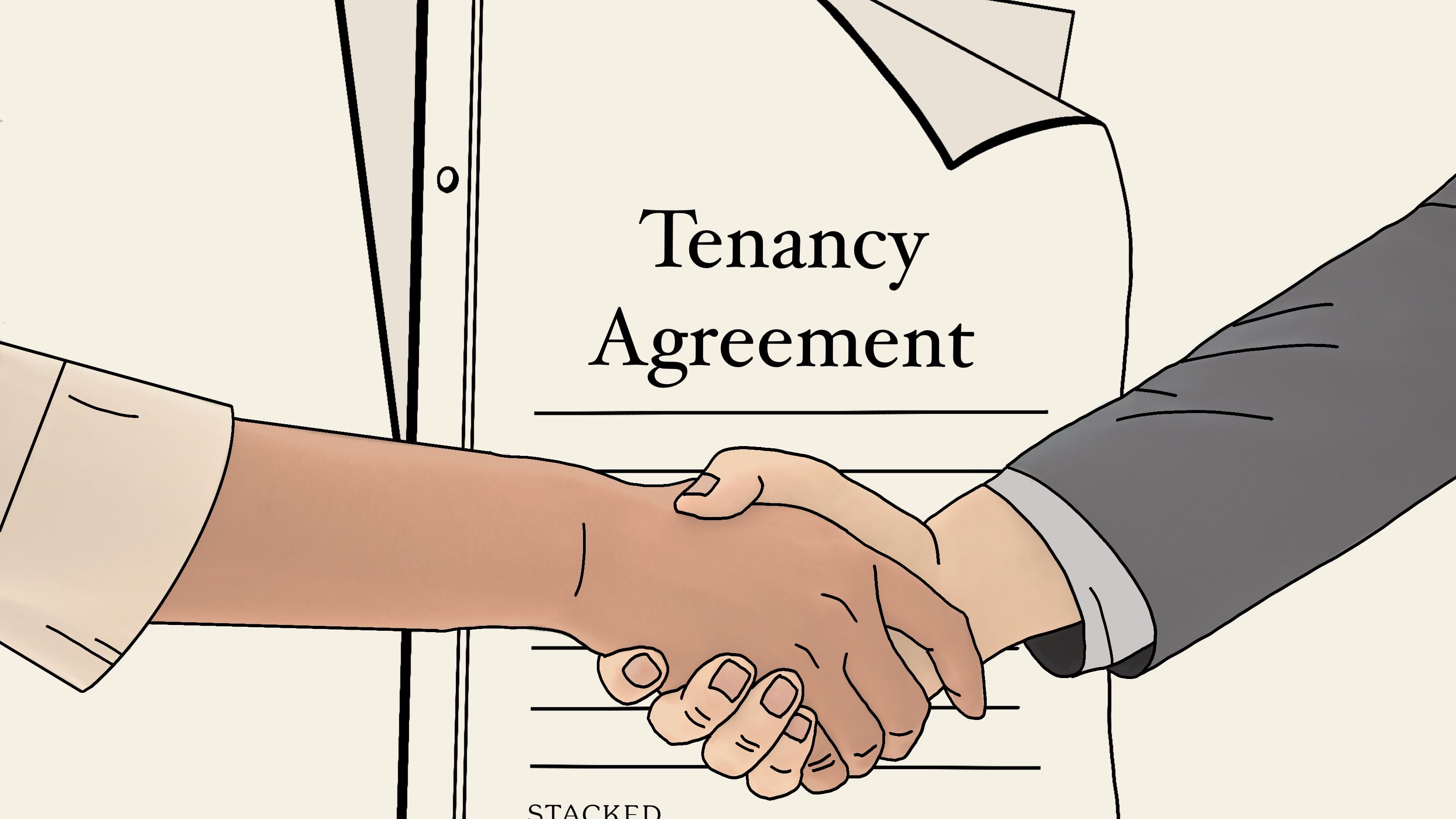 Two people shaking hands over a tenancy agreement document on a clipboard