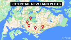 Map of Singapore showing five red location markers for potential new land plots
