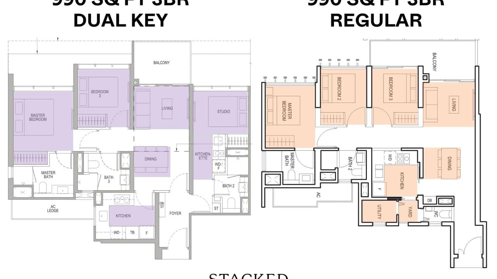 Floor plans of 990 sq ft 3-bedroom dual key and regular apartments side by side comparing layouts