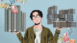 Illustration of a man weighing two types of housing blocks with Singapore dollar notes flying around