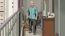 Elderly man standing on HDB flat corridor with potted plant, trolley and cabinet shoes visible nearby