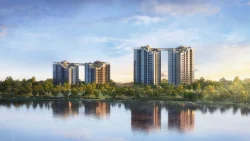 Two modern residential apartment blocks with rooftop gardens overlooking a river and trees under a blue sky