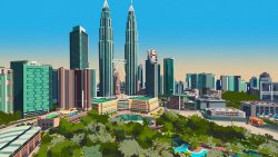 Cityscape with tall twin towers, surrounding high-rise buildings, and a park with trees in the foreground