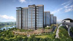 Residential apartment blocks near a river and park with a sheltered walkway and elevated train track nearby