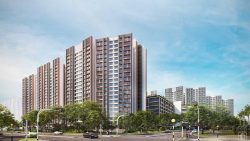 Residential blocks with multiple storeys and roadside trees under a blue sky at a busy junction