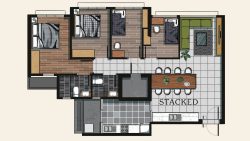 Floor plan of a 3-bedroom apartment with living room, dining area, kitchen, and two bathrooms