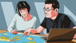 Illustration of two people studying a map with a laptop on a wooden table