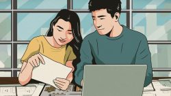 Two people reviewing home floor plans by a window with city buildings outside