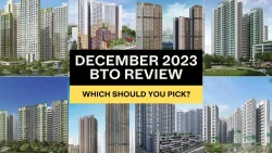 Collage of new HDB flat blocks in various designs with text about December 2023 BTO review and selections