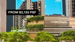 Parktown residential blocks with greenery on building facade and trees in foreground, price tag from $2,135 psf