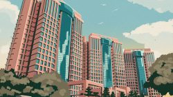 High-rise residential blocks with large blue glass panels surrounded by trees under a partly cloudy sky