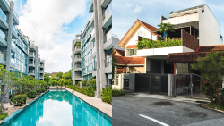 Private condominium blocks with swimming pool and landed terrace houses with garden on upper floor