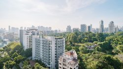 Residential buildings surrounded by dense greenery with city skyline in the distance under a clear sky