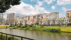 Low-rise and high-rise housing blocks near a river with a footbridge and trees on a sunny day