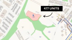 Map showing Lentor Central Residences marked in pink with an arrow indicating 477 units nearby