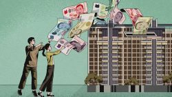 Illustration of a man and woman tossing Singapore banknotes towards a residential building block