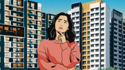 Illustration of a woman in a pink top looking thoughtful in front of modern apartment blocks