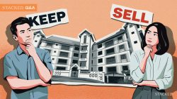 Illustration of a man and woman pondering with signs saying "KEEP" and "SELL" over apartment blocks at 2 Daisy Road