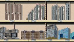Illustrations of various residential and commercial high-rise buildings with estimated price tags beneath each block