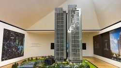 Riviere showflat model with twin residential towers and landscaped grounds inside a showroom