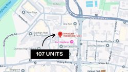Map showing location of Arina East Residences under construction near Dunman High School and Mountbatten Road with 107 units indicated