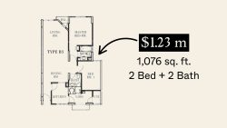Floor plan for a Type B3 two-bedroom, two-bath apartment with kitchen, yard and utility area and price tag of $1.23 million