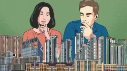 Illustration of a woman and man pondering over a cityscape of high-rise residential and commercial buildings