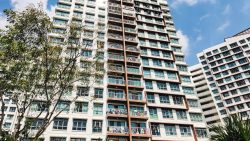 Hougang Capeview residential blocks with balconies drying clothes under blue sky and trees in foreground