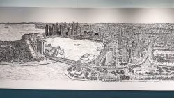 Detailed black and white sketch of Singapore cityscape including Marina Bay Sands, Gardens by the Bay and downtown skyscrapers